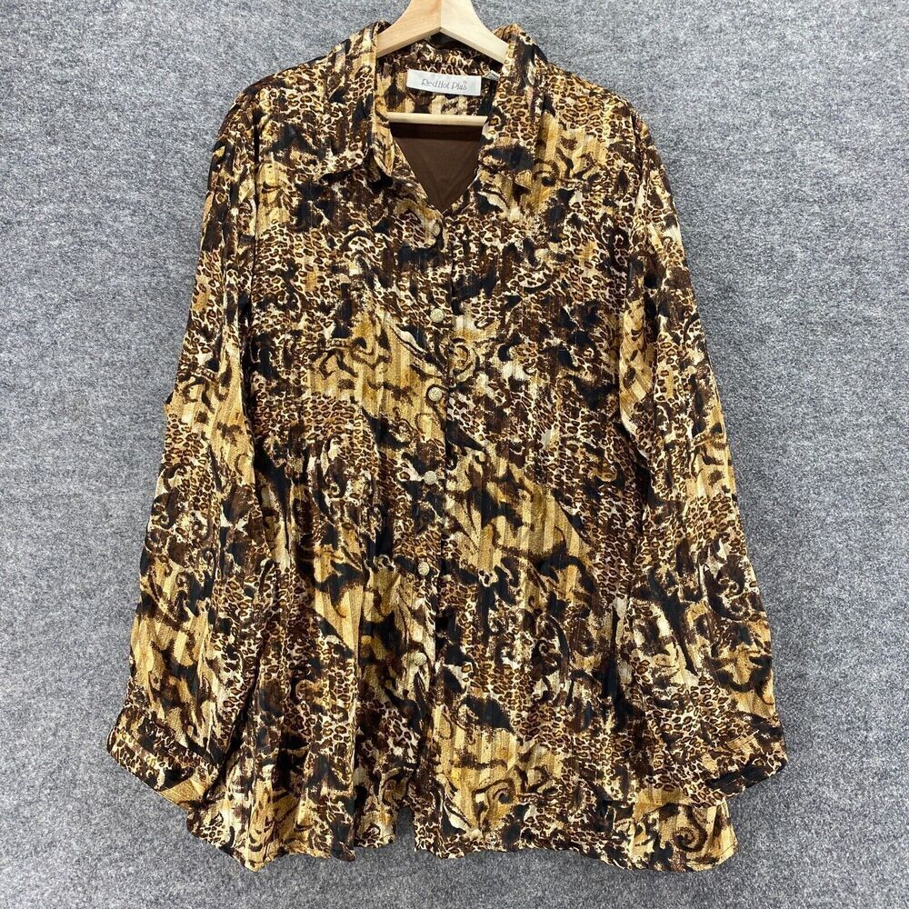 Red Hot Shirt Women 22W Plus Brown Animal Print Collared Button Up Long Sleeve